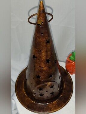 Rustic Metal Witch Hat Candle Holder With Punched Out Stars & Front Hinged Door